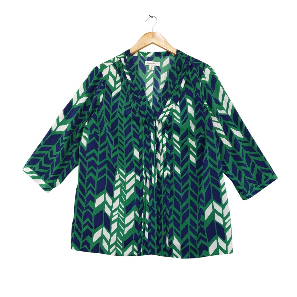 Coldwater Creek Blouse Women 1X Green Chevron Pleated V-Neck 3/4 Sleeve Top